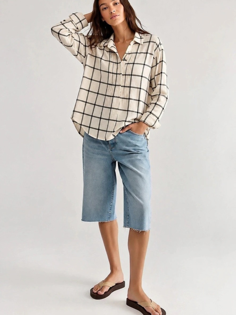340 Kismet Checkered Half Button Closure Blouse in Cream & Black Size Medium